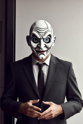 Man in creepy white mask suit