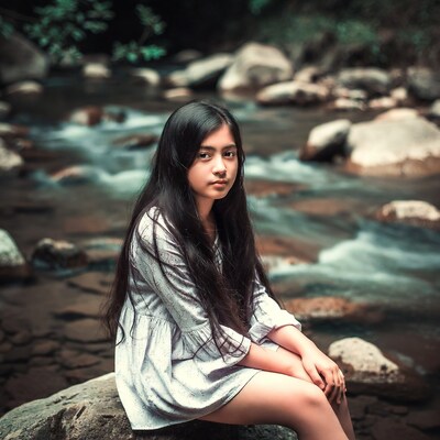 Asian girl sitting by stream