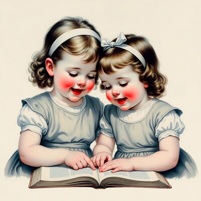 Twin girls reading book together