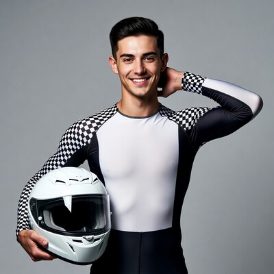 Young man holding racing helmet