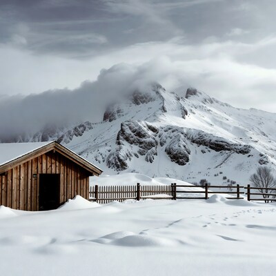 Wooden Cabin in Snowy Mountains