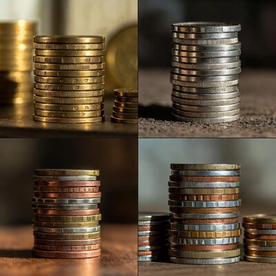 Stacked Coins in Gold Silver Copper