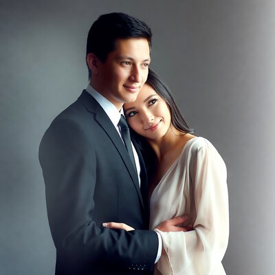 Asian couple embracing in suit and dress