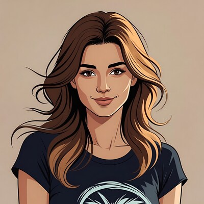 Smiling woman in black palm t-shirt