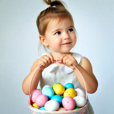 Toddler girl holding Easter eggs basket