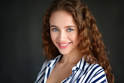 Smiling woman with curly hair in striped shirt