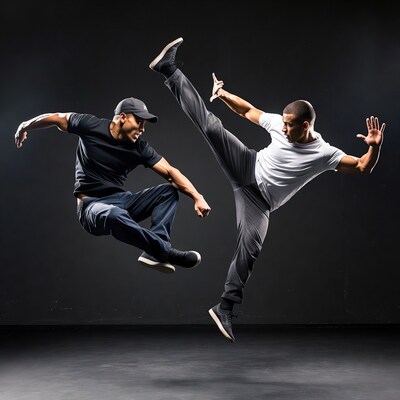 Two Black Men Performing Dynamic Dance Kicks