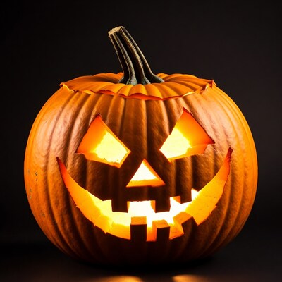 Lit Jack-o'-lantern pumpkin on black background