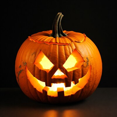 Lit Jack-o'-lantern pumpkin on black background