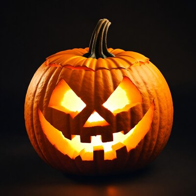 Lit Jack-o'-lantern pumpkin on black background