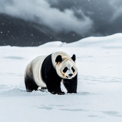 Giant Panda Walking in Snowy Mountains
