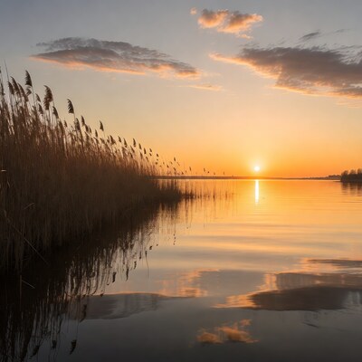 Sunset over Reeds and Lake