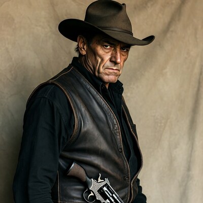 Cowboy with revolver in leather vest