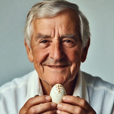 Elderly man holding speckled egg