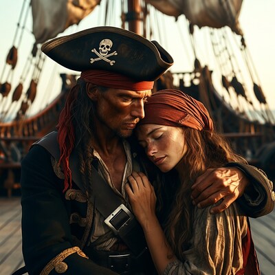 Pirate man embracing woman on ship