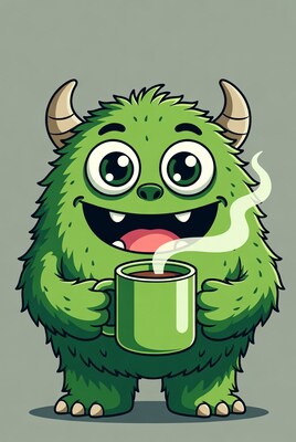 Cute green monster holding mug