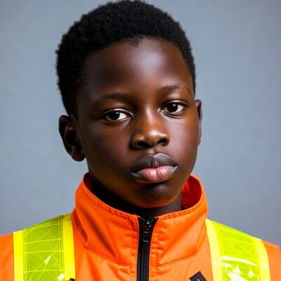African boy in orange safety vest