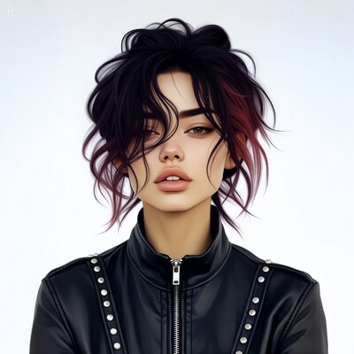 Woman with black red hair in leather jacket