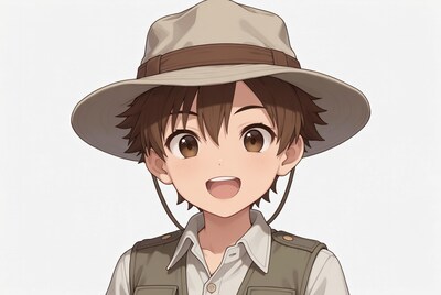 Anime boy in safari hat smiling