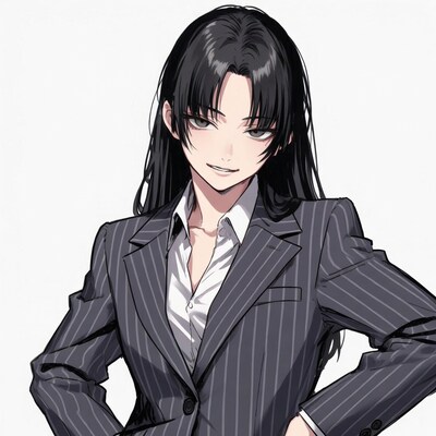 Anime woman in pinstripe suit