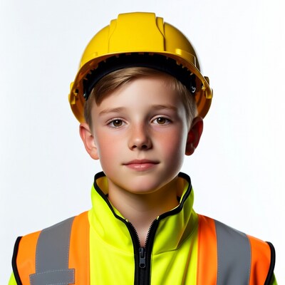 Boy wearing yellow hard hat and vest