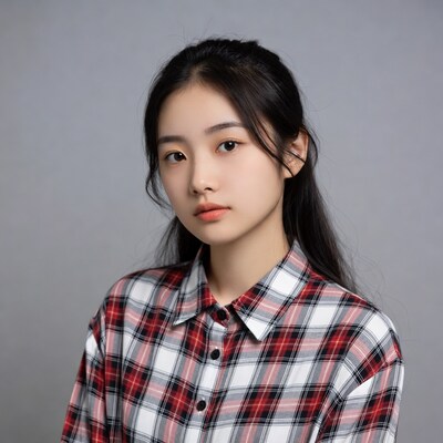 Asian woman in plaid shirt