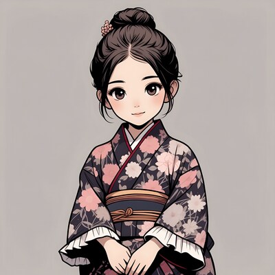 Anime girl in pink floral kimono