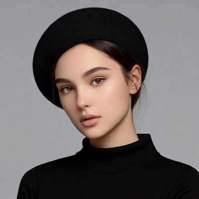 Woman wearing black beret and turtleneck