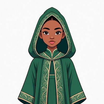 African-American girl in green hooded robe