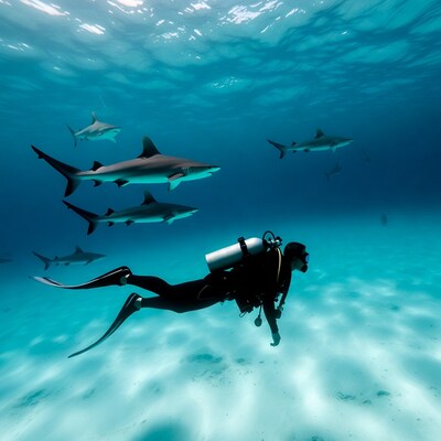 Scuba diver with blacktip sharks underwater