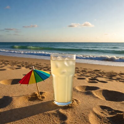 Iced cocktail with umbrella on beach