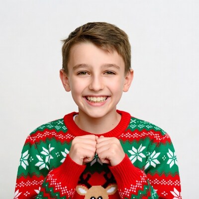 Boy smiling in reindeer Christmas sweater