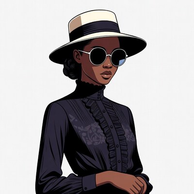 African-American woman in boater hat sunglasses