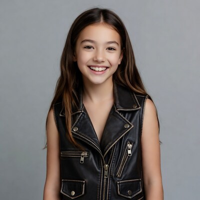 Girl smiling in black leather vest
