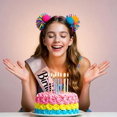 Girl smiling at birthday cake with candles