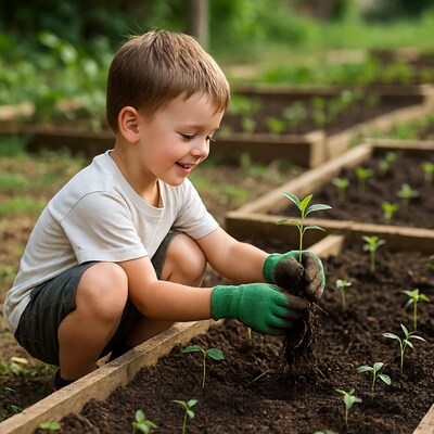 Boy planting seedling in garden