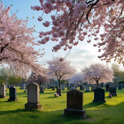 Cherry Blossoms Over Cemetery Gravestones