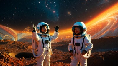 Young kids in astronaut suits on alien planet