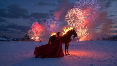 Woman with Fiery Horse Amid Fireworks