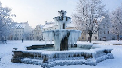 Icicle-Covered Fountain in Snowy Square