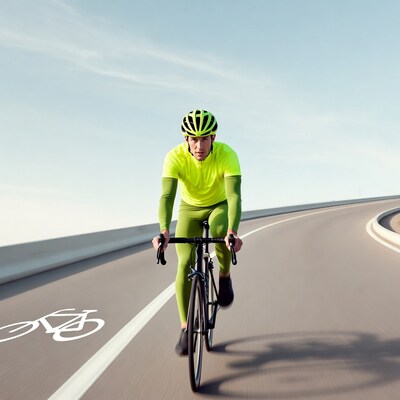 Man cycling on road in neon green gear