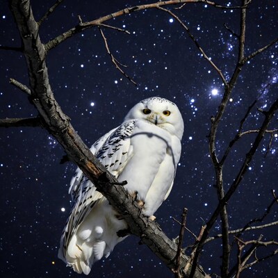 Snowy Owl Perched on Branch at Night