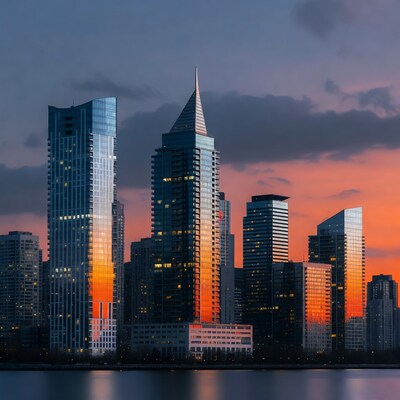 Skyscrapers reflecting sunset over water