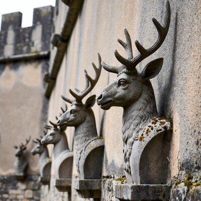 Stone Deer Heads on Castle Wall