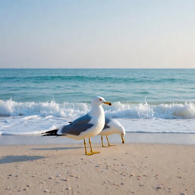 Two seagulls on beach by waves