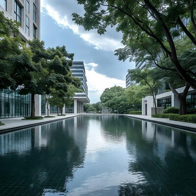 Long Pool Between Modern Buildings and Trees