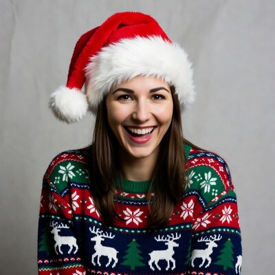 Smiling woman in Santa hat and ugly Christmas sweater