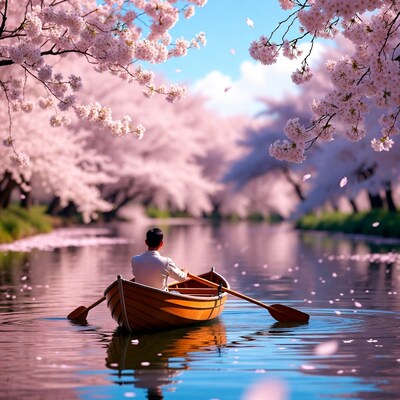 Asian man rowing boat under cherry blossoms