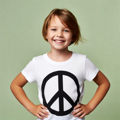 Girl smiling in peace sign t-shirt