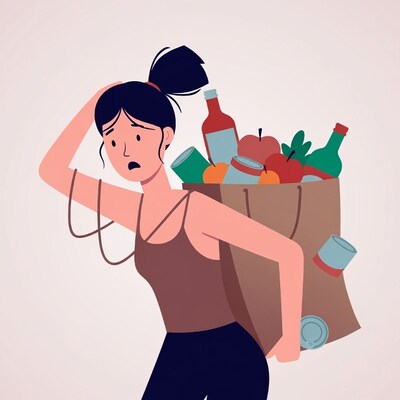 Woman carrying overflowing grocery bag